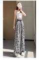 Black and White Real Shot Ice Silk Satin Printed Wide-Leg Pants Women's Summer Thin and All-Matching Slimming Drape Leisure Air Conditioning Sun-Proof Trousers - Black and White