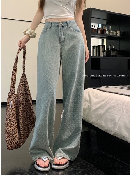 Light Blue Real Shot Cost-Effective Design Jacquard Denim Trousers Women's Retro Washed Straight Loose Wide Leg Mop Pants