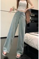 Light Blue Real Shot Cost-Effective Design Jacquard Denim Trousers Women's Retro Washed Straight Loose Wide Leg Mop Pants