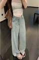 Light Blue Real Shot Cost-Effective Design Jacquard Denim Trousers Women's Retro Washed Straight Loose Wide Leg Mop Pants