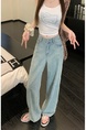 Light Blue Real Shot Cost-Effective Design Jacquard Denim Trousers Women's Retro Washed Straight Loose Wide Leg Mop Pants