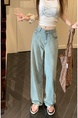 Light Blue Real Shot Cost-Effective Design Jacquard Denim Trousers Women's Retro Washed Straight Loose Wide Leg Mop Pants