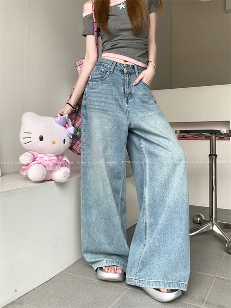 Real Shot Real Price Vintage Light Wash Blue Wide Leg Leisure Jeans for Women Washed High Waist Slimming and Straight Mop Trousers