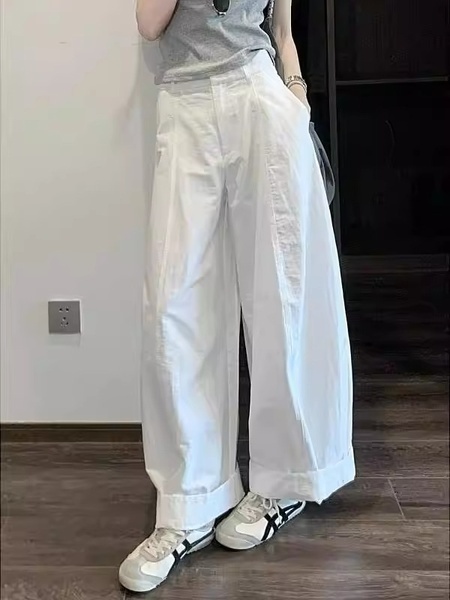 Loose Fashion Straight Pants Small Korean Style Lazy Relaxed Feeling Cool Rustling Style White Uniform Wide Leg Pants for Women Summer - White