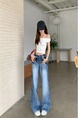 Real Shot Cost-Effective# New Straight Denim Trousers Women's Retro Water Loose Narrow Version Wash Wide Leg Mop Pants - Light Blue