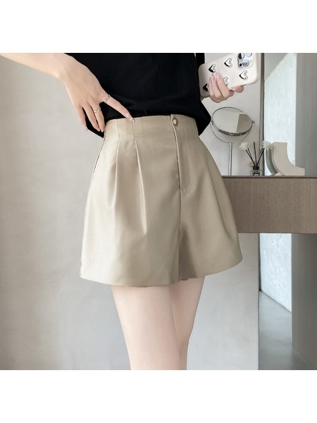Real Shot Spot Summer New Ice Silk Shorts A-line Wide Leg Pants High Waist Slimming Silky Glossy Casual Pants for Women - Beige