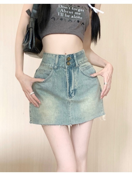 Real Shot Cost-Effective New High Waist Denim Skirt Women's Design Frayed Edge A-line Sheath Short Skirt - LIGHT BLUE