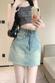 Real Shot Cost-Effective New High Waist Denim Skirt Women's Design Frayed Edge A-line Sheath Short Skirt - LIGHT BLUE