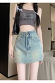 Real Shot Cost-Effective New High Waist Denim Skirt Women's Design Frayed Edge A-line Sheath Short Skirt - LIGHT BLUE
