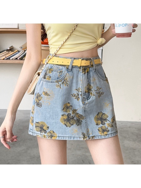 Vintage Tie-Dyed Printed Skirt Women's Summer Anti-Exposure Hot Girl Hip Skirt High Waist Denim Skirt A-Line Skirt - LIGHT BLUE