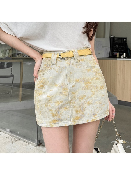 Vintage Tie-Dyed Printed Skirt Women's Summer Anti-Exposure Hot Girl Hip Skirt High Waist Denim Skirt A-Line Skirt - YELLOW