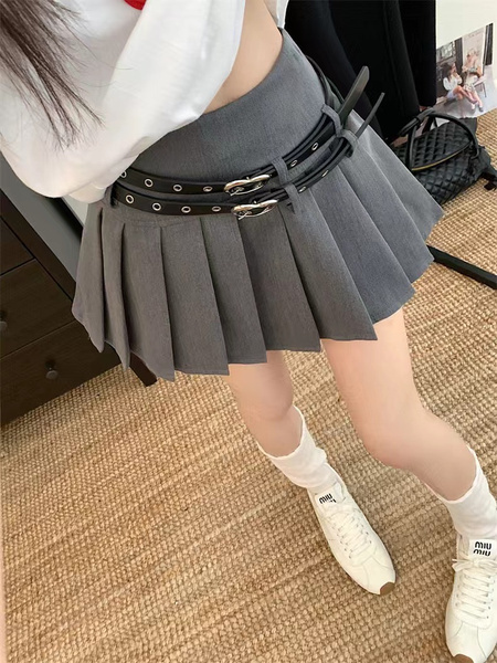 Gray Summer Korean Style Fashion All-Match Slim A-Line Skirt with Double Belts to Prevent Exposure, Sweet Pleated Skirt for Women