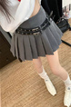 Gray Summer Korean Style Fashion All-Match Slim A-Line Skirt with Double Belts to Prevent Exposure, Sweet Pleated Skirt for Women