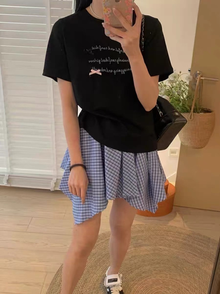 Light Blue and White Korean Irregular Plaid Skirt for Women, 2025 Spring and Summer New Design Niche High Waist Slim A-Line Short Skirt