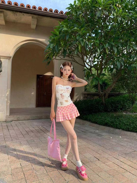 Girls Light Pink Plaid Skirt, Female Large Size Spring and Summer