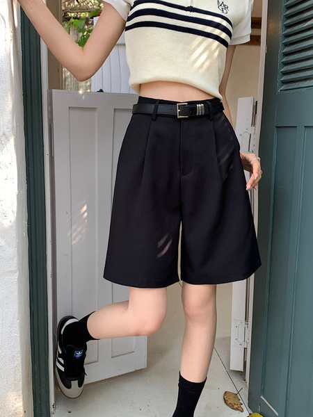 Real Shot New Korean Style Internet Hot Fifth Pants Neutral Suit Shorts Casual Straight-Leg Middle Pants Women with Belt - Black