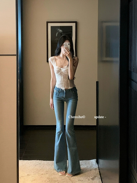 He Chenxi Blue Pocket Decoration Flared Jeans for Women Summer Retro High Waist Distressed Slim Floor-Length Trousers - LIGHT BLUE