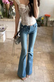 He Chenxi Blue Pocket Decoration Flared Jeans for Women Summer Retro High Waist Distressed Slim Floor-Length Trousers - LIGHT BLUE