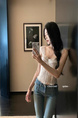 He Chenxi Blue Pocket Decoration Flared Jeans for Women Summer Retro High Waist Distressed Slim Floor-Length Trousers - LIGHT BLUE