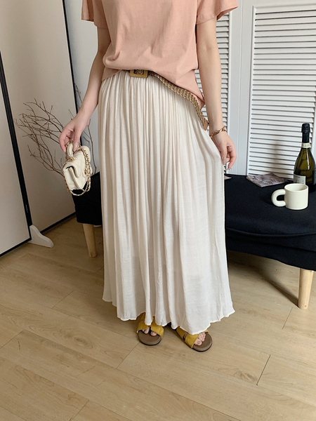 Summer New Simple Everyday Joker Lazy Vacation Style A-Line Skirt Casual Slimming Temperament Skirt with Belt - WHITE