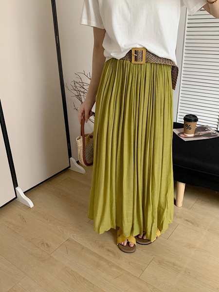 Summer New Simple Everyday Joker Lazy Vacation Style A-Line Skirt Casual Slimming Temperament Skirt with Belt - GREEN