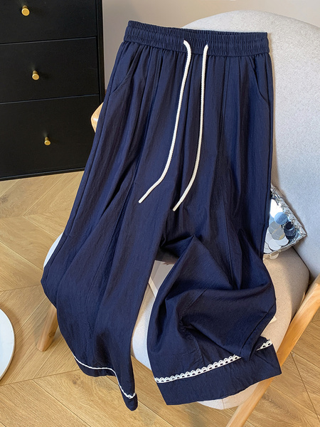Real Shot 2025 Summer New NAVY Tencel Cotton Wide-Leg Pants High Waist Straight Cropped Pants Lace Patchwork Easy Matching Casual Pants