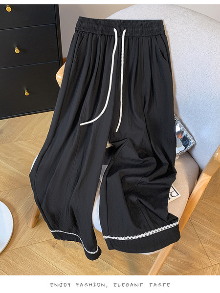 Real Shot 2025 Summer New BLACK Tencel Cotton Wide-Leg Pants High Waist Straight Cropped Pants Lace Patchwork Easy Matching Casual Pants