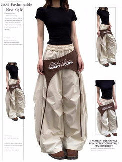 American Retro High Street Layered Pants, Designer Style, Hot Girl Contrast Color Strap Silhouette Scimitar Pants - BEIGE