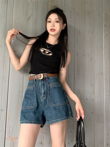 Retro Black Polka Dot Floral Denim Skirt - Women's Summer High Waist Slimming A-line Sheath Short Skirt - BLUE