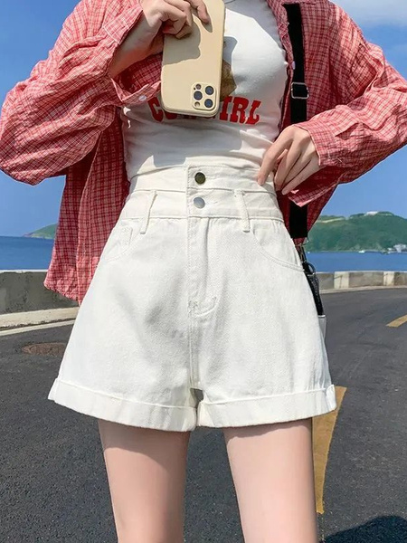 2025 New WHITE Denim Shorts - Women's Summer High Waist Trendy Ins Loose All-Matching Slimming Internet Celebrity All-Matching A-line Hot Pants