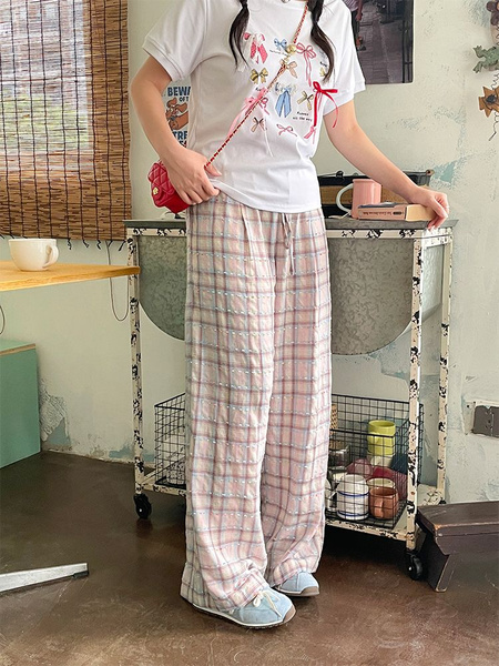 Korean Style PINK Plaid Casual Pants Loose Lazy Style Plus Size Women's Summer New Pear-Shaped Pants