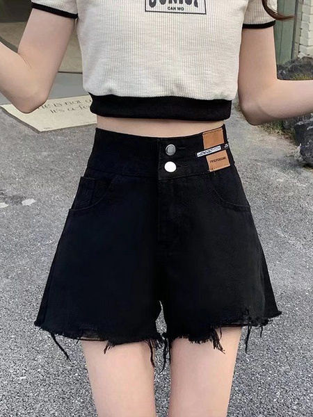 2025 Korean Style Casual High Waist Ripped Black Denim Shorts Women's Summer Double Buckle High Street Loose A-Line Jeans Fashion