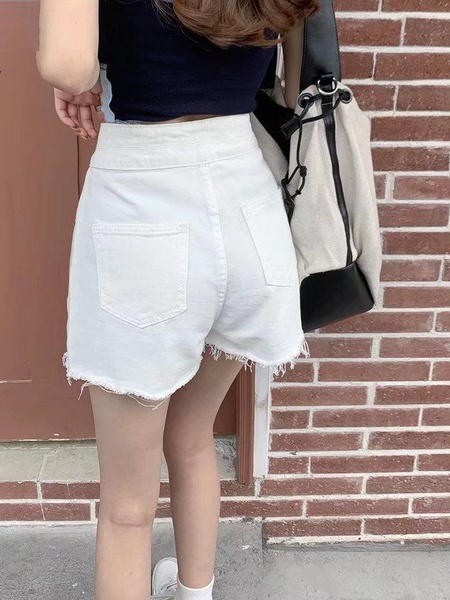 2025 Korean Style Casual High Waist Ripped WHITE Denim Shorts Women's Summer Double Buckle High Street Loose A-Line Jeans Fashion