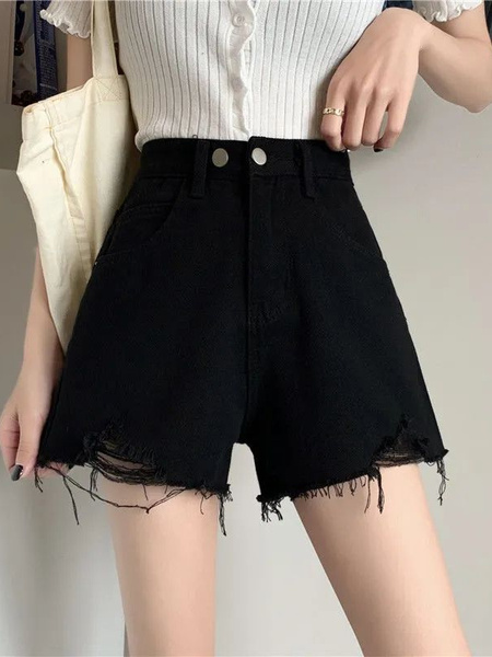 Black Ripped Denim Shorts Women's Summer 2024 New High Waist Slimming Internet Celebrity A-Line Wide-Leg Hot Pants Trendy