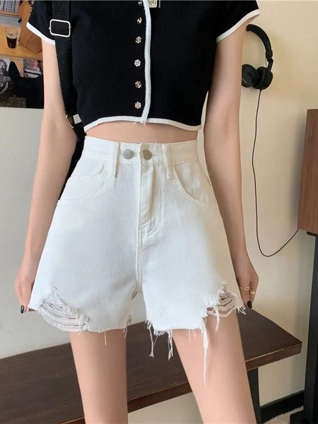 White Ripped Denim Shorts Women's Summer 2024 New High Waist Slimming Internet Celebrity A-Line Wide-Leg Hot Pants Trendy