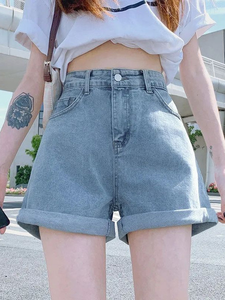 2025 New Baggy Denim Shorts Female Korean Style Curl Slimming A-Line Wide Leg Student Hot Pants Trendy Ins - Light Blue