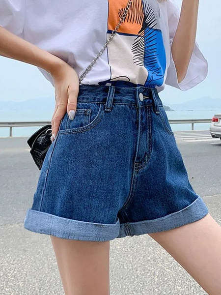 2025 New Baggy Denim Shorts Female Korean Style Curl Slimming A-Line Wide Leg Student Hot Pants Trendy Ins - Medium Blue