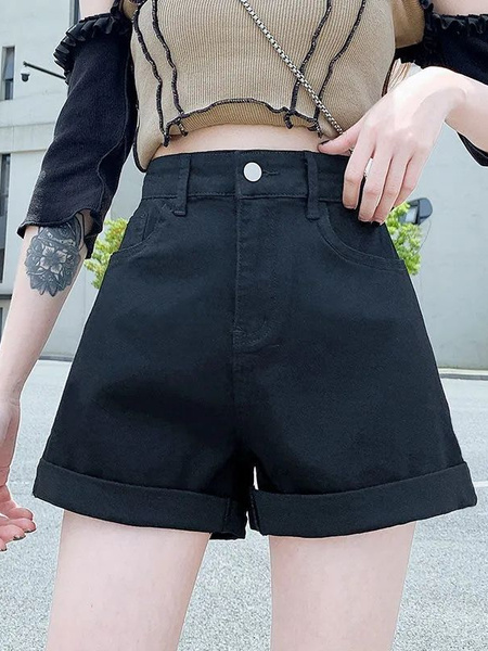 2025 New Baggy Denim Shorts Female Korean Style Curl Slimming A-Line Wide Leg Student Hot Pants Trendy Ins - Black