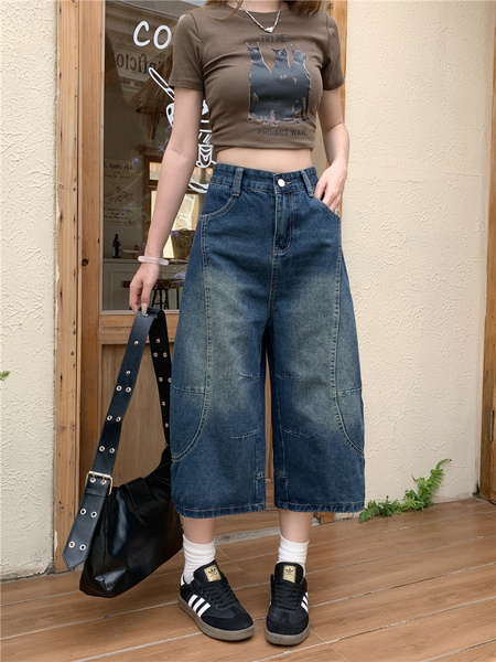Real Shot of American Retro New Style Trendy Jeans Cropped Trousers Summer Splicing Silhouette Street Loose Versatile - Dark Blue