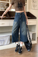Real Shot of American Retro New Style Trendy Jeans Cropped Trousers Summer Splicing Silhouette Street Loose Versatile - Dark Blue