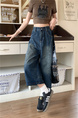 Real Shot of American Retro New Style Trendy Jeans Cropped Trousers Summer Splicing Silhouette Street Loose Versatile - Dark Blue