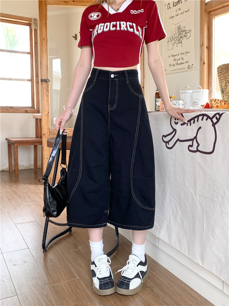Real Shot of American Retro New Style Trendy Jeans Cropped Trousers Summer Splicing Silhouette Street Loose Versatile - Black