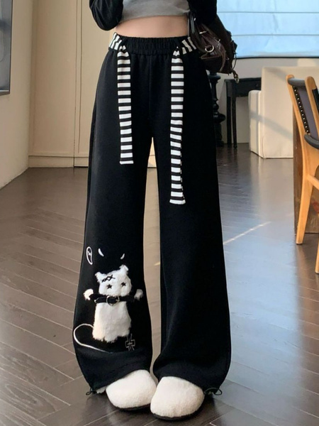 Large Size Fat MM American Cute Cat Black Casual Sweatpants Female Spring and Summer Lazy Style Drape Loose Wide-Leg Pants