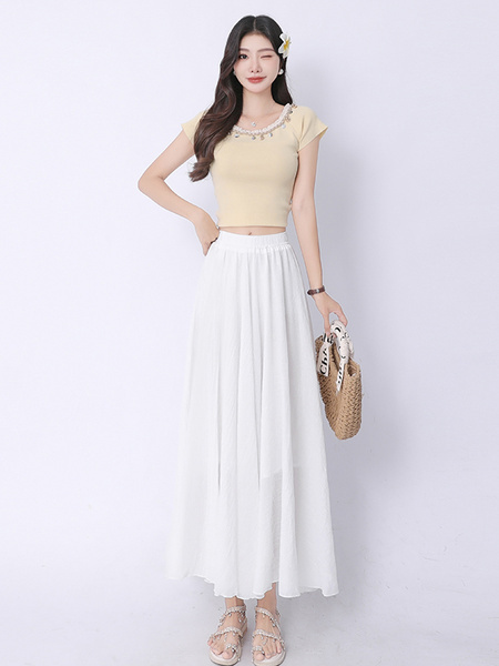Real Shot Pleated Cotton and Linen Yamamoto Skirt for Women 2025 Summer High Waist Slimming Mid-Length A-Line Large Hem Umbrella Skirt - White