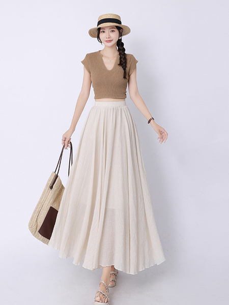 Real Shot Pleated Cotton and Linen Yamamoto Skirt for Women 2025 Summer High Waist Slimming Mid-Length A-Line Large Hem Umbrella Skirt - Beige