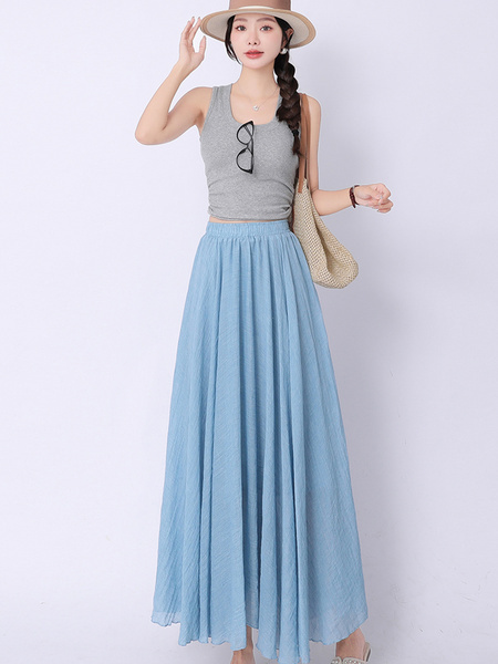 Real Shot Pleated Cotton and Linen Yamamoto Skirt for Women 2025 Summer High Waist Slimming Mid-Length A-Line Large Hem Umbrella Skirt - Light Blue
