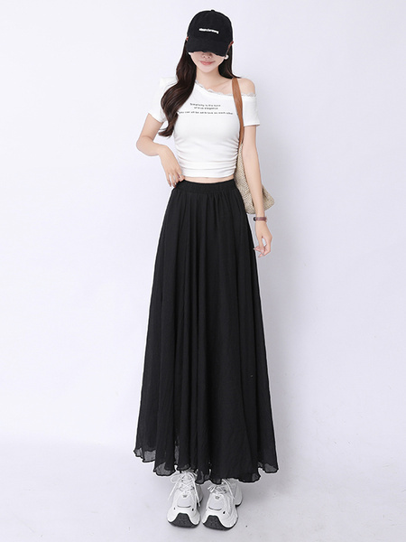 Real Shot Pleated Cotton and Linen Yamamoto Skirt for Women 2025 Summer High Waist Slimming Mid-Length A-Line Large Hem Umbrella Skirt - Black