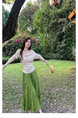 In Stock American Retro Bright Green Pleated Skirt Women's Spring and Summer High Waist Slimming A-Line Pleated Skirt Versatile Midi Skirt