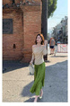 In Stock American Retro Bright Green Pleated Skirt Women's Spring and Summer High Waist Slimming A-Line Pleated Skirt Versatile Midi Skirt
