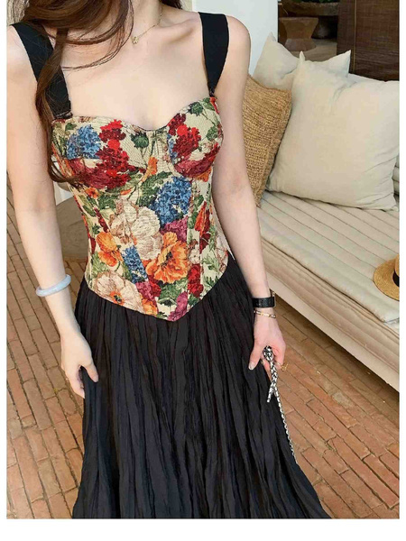 In Stock American Retro Floral Corset Top with Black Pleated Skirt Women's Spring and Summer High Waist Slimming A-Line Pleated Skirt Versatile Midi Skirt